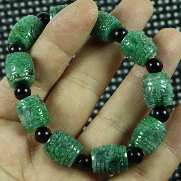 Dry Green Natural A Jade Jadeite Ancient pattern Bead Bracelet 路路通 - Picture 6 of 6